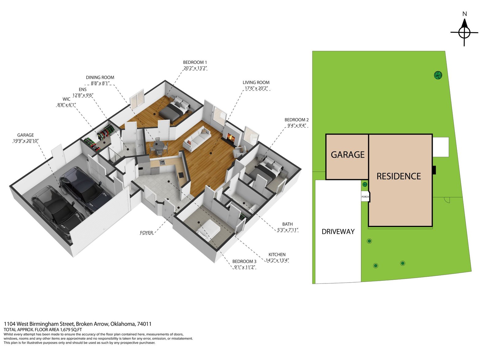 3D floor plan of a single-story home showing bedrooms, bathrooms, kitchen, living room, dining room, garage, and foyer, alongside a simple plot map with labeled residence, garage, driveway, and yard.
