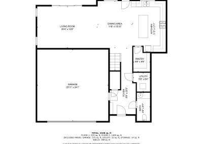 Black and white floor plan showing a garage, living room, dining area, kitchen, pantry, two utility rooms, stairs, and entrances, with labeled dimensions for each area.