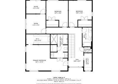 Black and white floor plan with labeled rooms: three bedrooms, two rooms, a walk-in closet, primary bath, full bath, living area, storage, and hall. Dimensions and square footage are noted for each space.