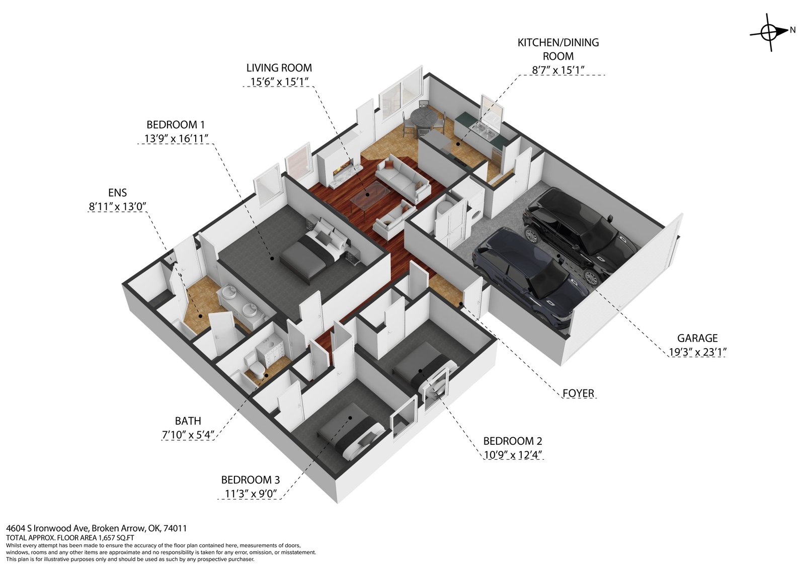 3D floor plan of a house with a garage, foyer, kitchen/dining room, living room, three bedrooms, two bathrooms, and labeled room sizes. The layout shows furniture placement and a wood-floored central area.