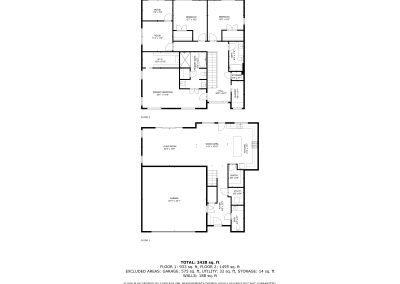Black and white floor plan of a two-story house showing labeled rooms, garage, kitchen, bathrooms, bedrooms, laundry, and storage areas, with dimensions and total square footage listed at the bottom.